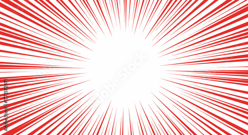 Red and white Japanese manga-style background with radial speed lines creating a dynamic explosion effect.