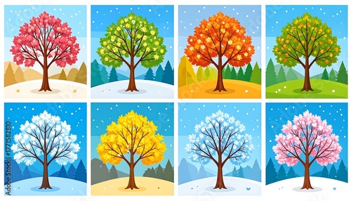 Eight cartoon trees depict four distinct seasons, two examples each. Each tree displays characteristic foliage and backdrop, creating a colorful display