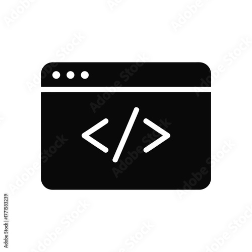 Black browser window with coding symbol icon on a white background