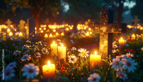 All Souls Day: Candles and Flowers Arranged on Graves in a Cemetery at Dusk. Gentle Light and Christian Remembrance