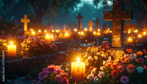 Grave Markers and Flowers Illuminated by Glowing Candles at Night for All Souls Day. Spiritual Remembrance in a Cemetery