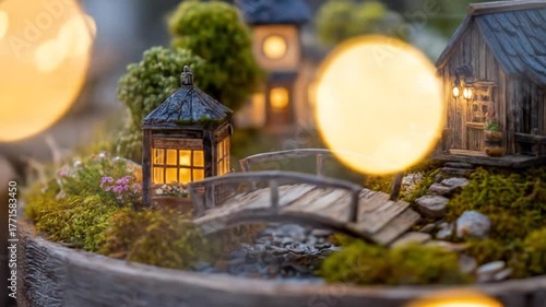 Miniature village scene with bridge buildings warm lights and greenery