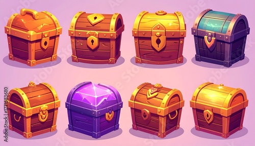 Eight cartoon-style chests with varying shapes, colors, and details, all embellished with gold accents, suggesting hidden treasures