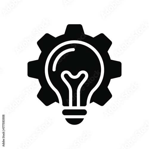 Black silhouette light bulb within a gear on white background, icon
