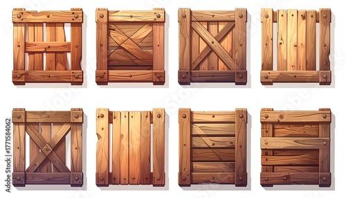 Eight cartoon-style wooden crates, each with unique plank and bracing designs, arranged on a white background