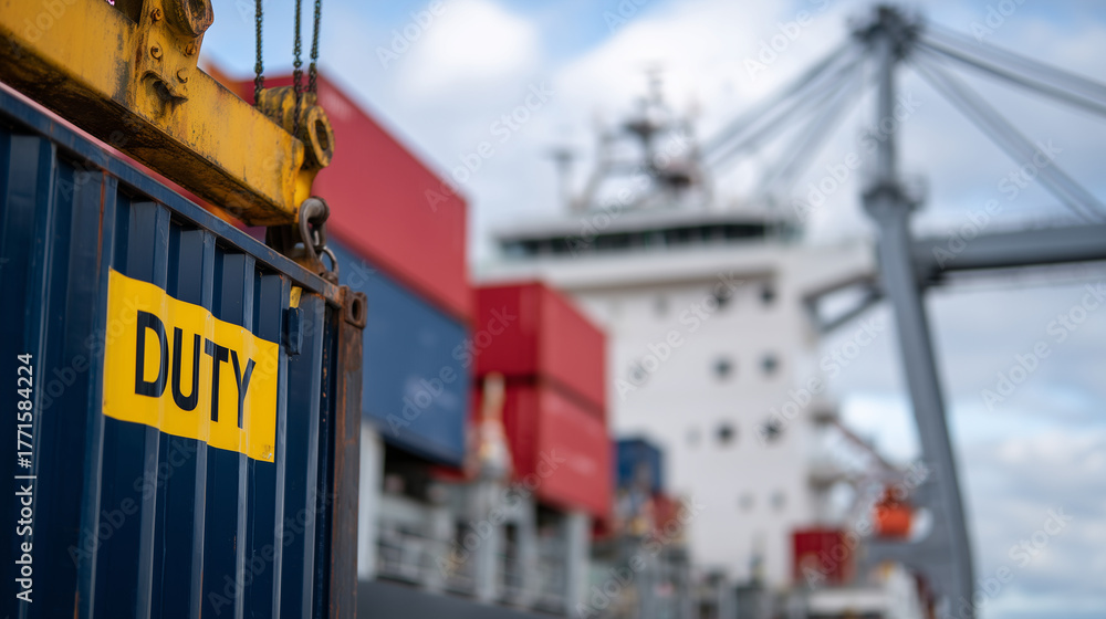 Fototapeta premium Low-angle view of a towering container stack under cloudy skies, a bold yellow warning sign marked 