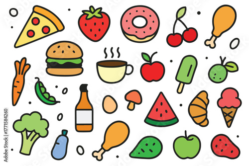 fruit and vegetable vector icon pack A colorful collection of flat design fast food icons. Vector graphic elements set of junk food symbols like hamburgers and french fries, eps 10