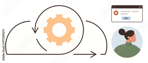 Cloud infrastructure with gear and arrow representing workflow, browser window showing error message with OK button, and user avatar. Ideal for software, technology, workflow, troubleshooting