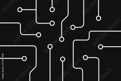 Electronics board. Circuit board electronic hi tech pattern. Black monochrome background. gray lines and dots isolated on black background. Vector art