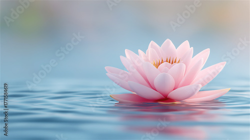 Pink lotus flower floating on calm water, symbolizing peace, purity, mindfulness and spiritual harmony.