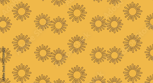 Repeated sun outlines on a yellow background create a pattern. Simple design and warm tones