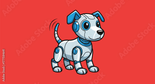 A friendly, robotic dog stands on a red background. Tail wags, smiling