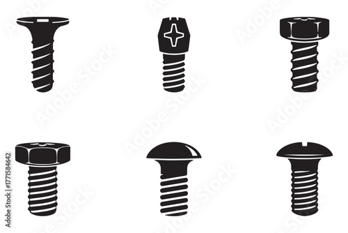 Various types of screws and bolts isolated on white background, essential fasteners used in construction, manufacturing, and mechanical applications