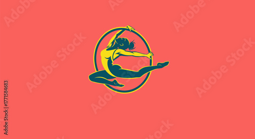 Silhouette of a gymnast in a ring against a coral backdrop