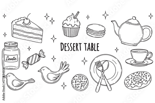 A dessert table with various sweets and treats isolated on white background, perfect for celebrations, parties, and indulging in sugary delights