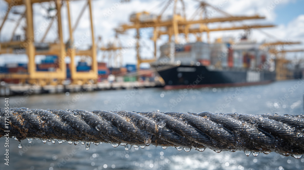 Obraz premium Extreme close-up of a steel-reinforced fuel hose secured to the tank, small rivulets of liquid glistening, cranes and container stacks softly blurred behind