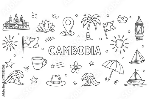 Cambodia travel icons: landmarks, nature, culture, and adventure symbol collection