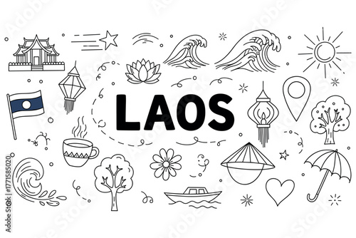 Laos icons: traditional lanterns, temples, lotus, flag, and waves in artistic doodle style