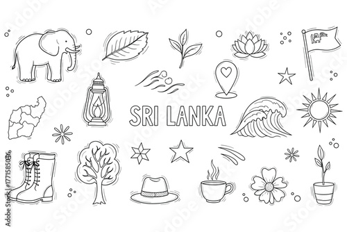 Sri lanka themed doodle art: elephant, leaves, map, wave, flag, lantern, nature