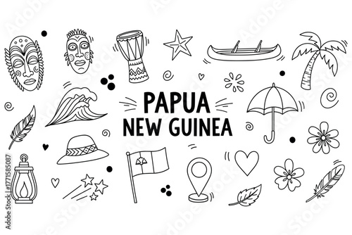 Papua new guinea cultural icons and symbols in black and white doodle art