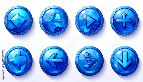 Eight circular blue game interface buttons with various icons, including arrows and a diamond, appear glossy and gem-like