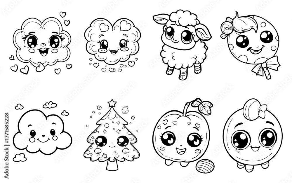 Fototapeta premium Cute kawaii drawings of cloud sheep tree apple and circle characters with adorable faces