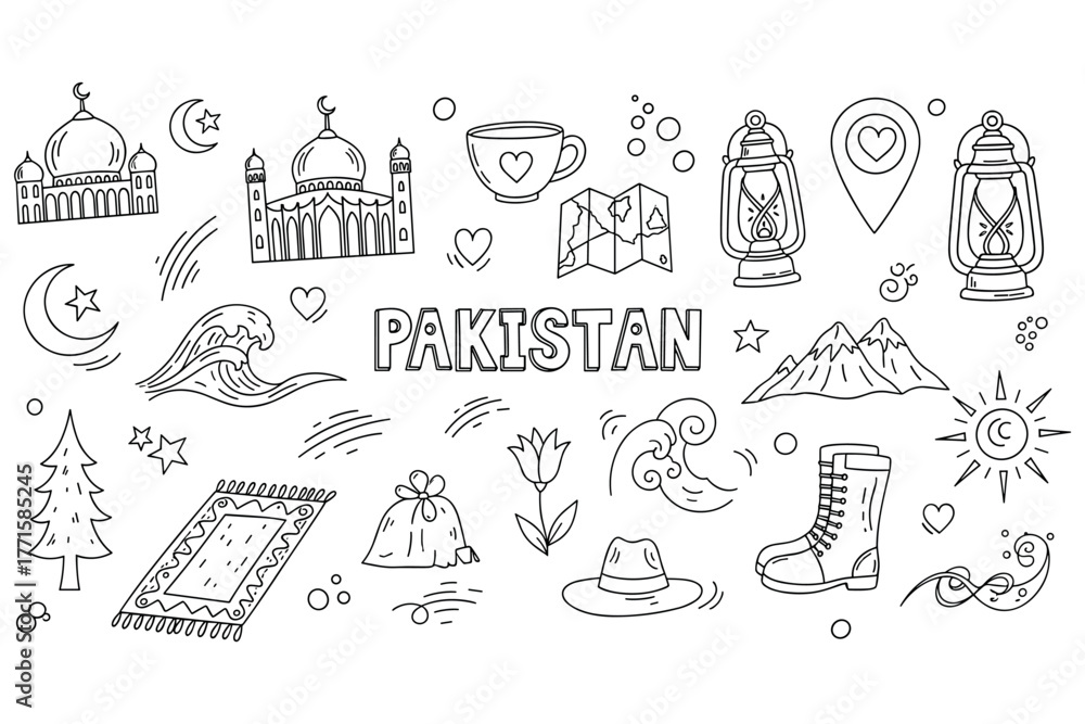 Fototapeta premium Doodle art featuring iconic symbols of pakistan in monochrome