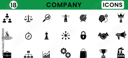 Company Office Building, Briefcase, Team, Handshake, Growth Chart, Organization Chart, Suitcase, Meeting, Partnership, Headquarters
silhouette vector icons illustration
