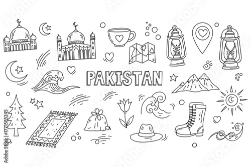 Doodle art featuring iconic symbols of pakistan in monochrome