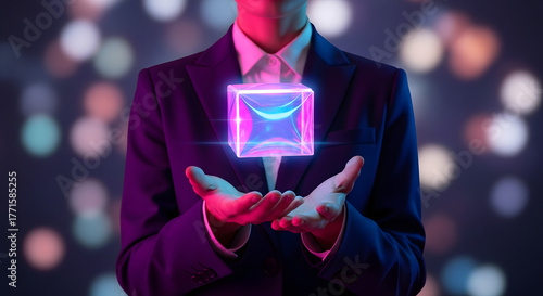 Digital Cube: A modern businessperson levitating a vibrant digital cube. Capturing the essence of innovation and forward-thinking.