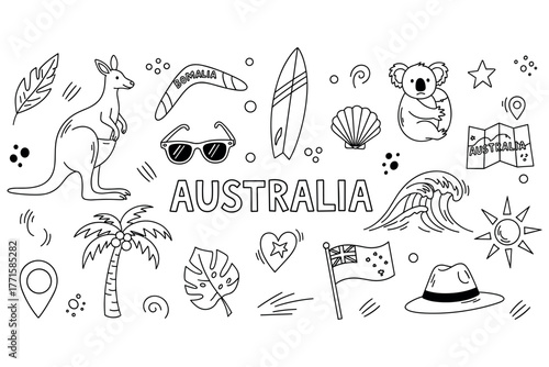 Doodle art of iconic australian symbols kangaroo koala surfboard boomerang