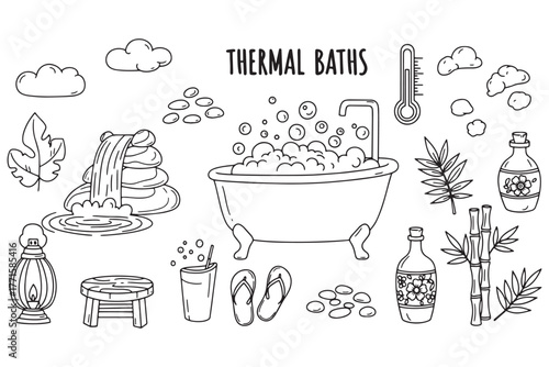 A thermal bath doodle isolated on white background, illustrating relaxation and spa elements for promoting wellness retreats and selfcare experiences