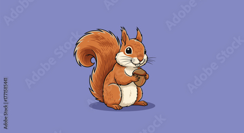 A cute cartoon squirrel, holding an acorn, depicted against a purple background