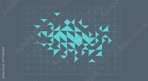 Abstract geometric composition, grid with turquoise triangles and gray background