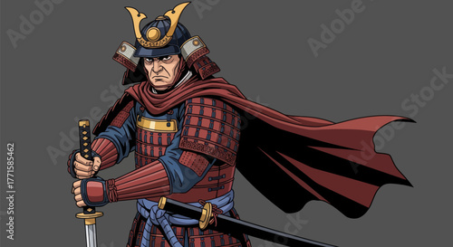 A stern-faced samurai in ornate armor holds a katana, with a flowing cape