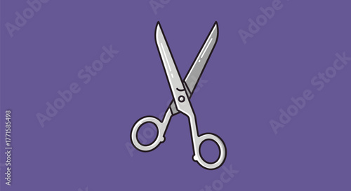 A cartoon scissor illustration, silver blades and handle, over a violet background