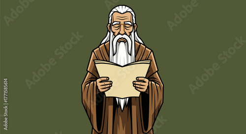 An elderly figure with a long white beard reads from a book, brown robes
