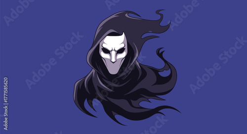 A hooded figure with a white mask is against a blue background. The cloak flows in the wind