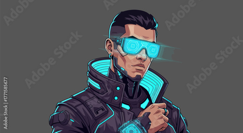 A futuristic, pixel-art style portrait of a man wearing augmented reality glasses