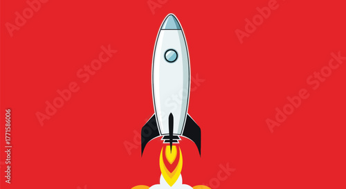 A white cartoon rocket launching against a red background, flames below