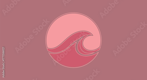 A pink logo depicts a wave within a circle on a muted pink background