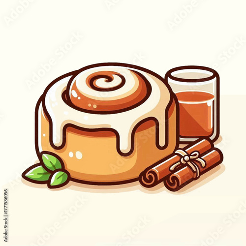Cartoon image features a cinnamon roll glass of liquid cinnamon sticks  leaves on an offwhite surface