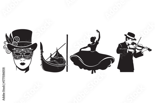 Elegant cultural icons isolated on white background featuring a venetian mask, gondola, ballerina, and violinist, representing art, travel, and performance