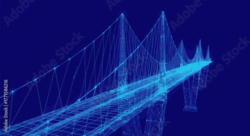 Blue-toned wireframe bridge. Perspective view of a suspension bridge, with dark blue background