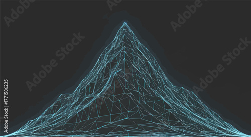 A stylized mountain rendered in cyan lines on a dark background
