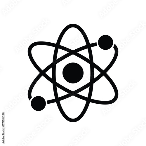 Black atom icon with orbiting electrons isolated on white background design element