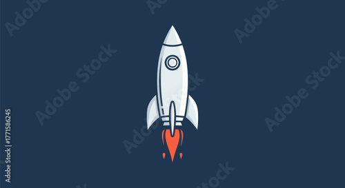 A stylized white rocket with orange flames ascends against a dark blue background