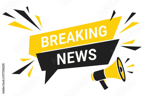 Breaking news announcement isolated on white background with a megaphone and yellow and black design for urgent updates and important information