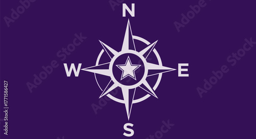 A white compass rose with a star center on a purple background. North, East, West, South are marked