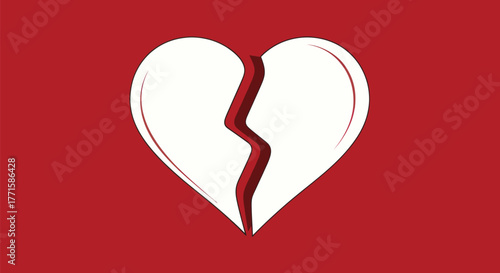 A stylized image of a heart broken in two, with dark shadows. Red background